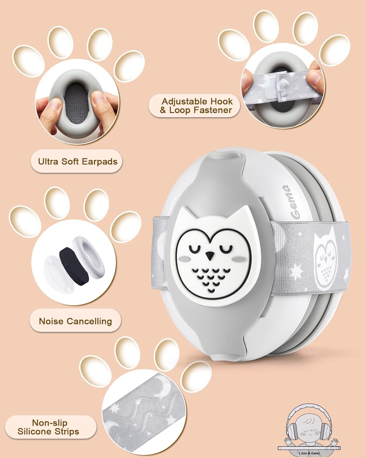 Lilian&Gema 2-in-1 Baby Ear Muffs Noise Protection - White & Pink