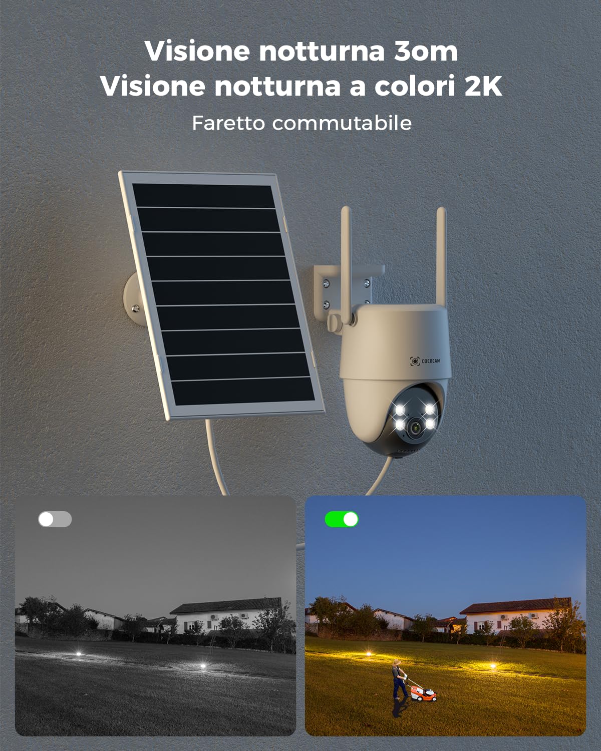 COCOCAM 24/7 Registrazione AOV Telecamera Wi-Fi Esterno Senza Fili | Solare con Batteria 10000mAh Pannello Solare 8W, 2K PTZ, Rilevamento AI, Tracking AI, Visione Notturna 30 Metri, IP66
