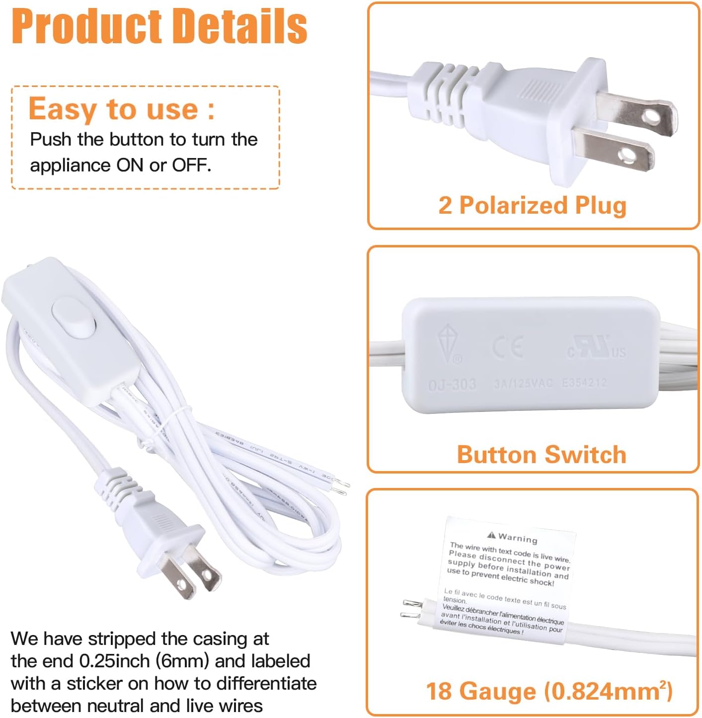 8FT Lamp Cord with Switch Replacement Lamp Cord Switch Set with Plug White 18AWG SPT-2 Wire ON Off Button Switches 2 Polarized Plug 8 Feet DIY Rewiring Repairing Wiring Electrical Light Cords