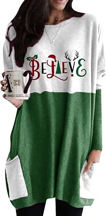 YMING Womens Christmas Round Neck Sweatshirt Long Sleeve Printed Shirt Dress Oversized Loose Fit Pullover Tops with Pockets