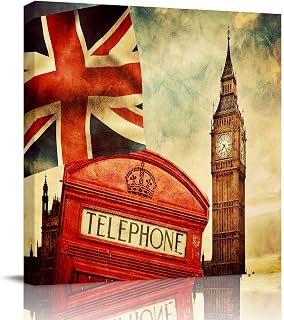 YOKOU Canvas Wall Art, Telephone Booth British UK Flag Big Ben Vintage Style Square Framed Paintings Print on Canvas Artwork for Bedroom Living Room Home Office Decoration, 8"x8"