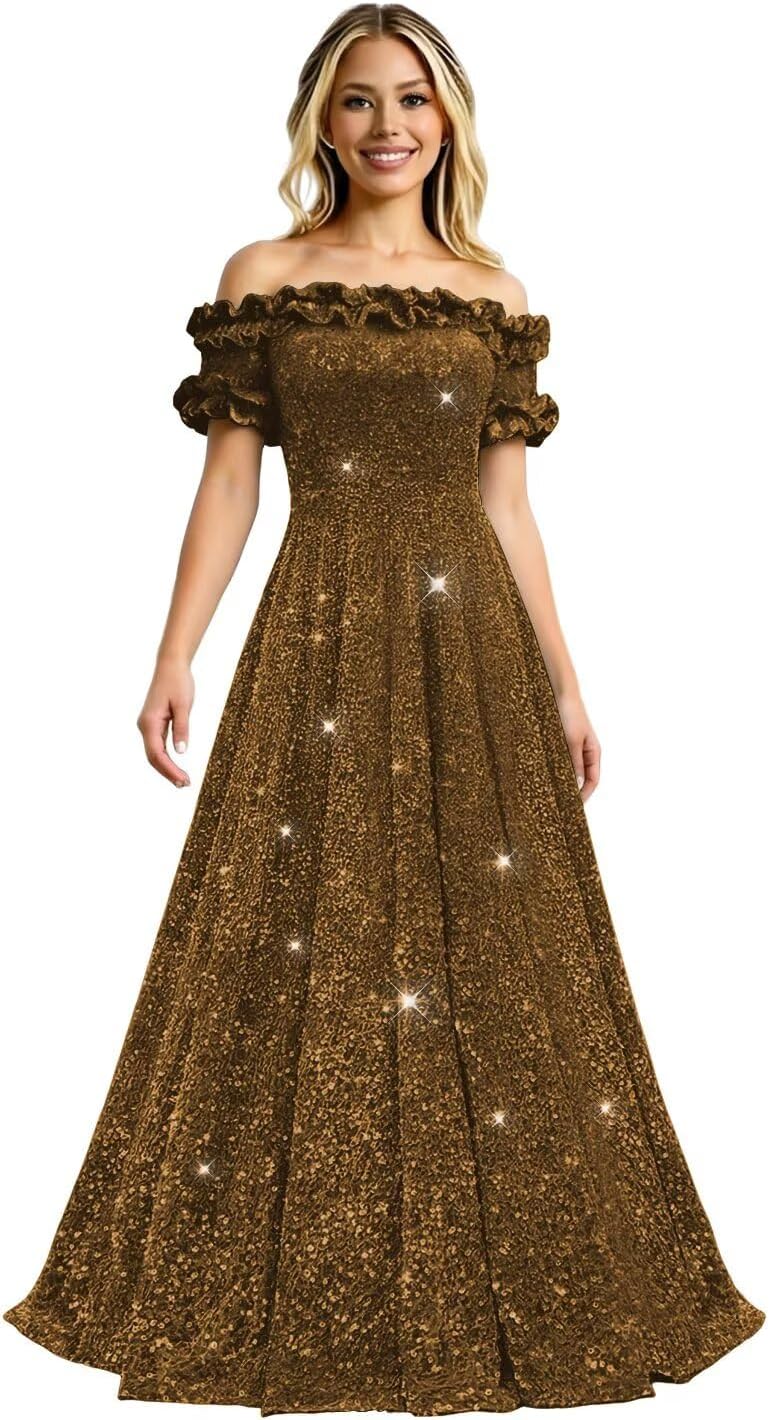 Sparkly Sequin Prom Dresses for Women 2026 Ruffled Long Off The Shoulder A Line Formal Party Gown KJ58