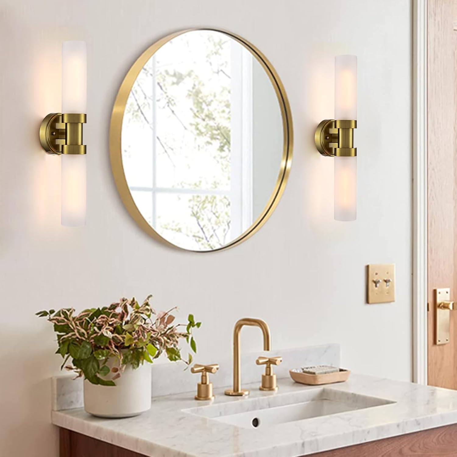 20-Inch Gold Bathroom Light Fixtures Wall Sconce with Frosted Glass Shade Modern 2-Light Cylinder Vanity Lights Brass Glass Sconces Wall Lighting for Living Room Bedroom