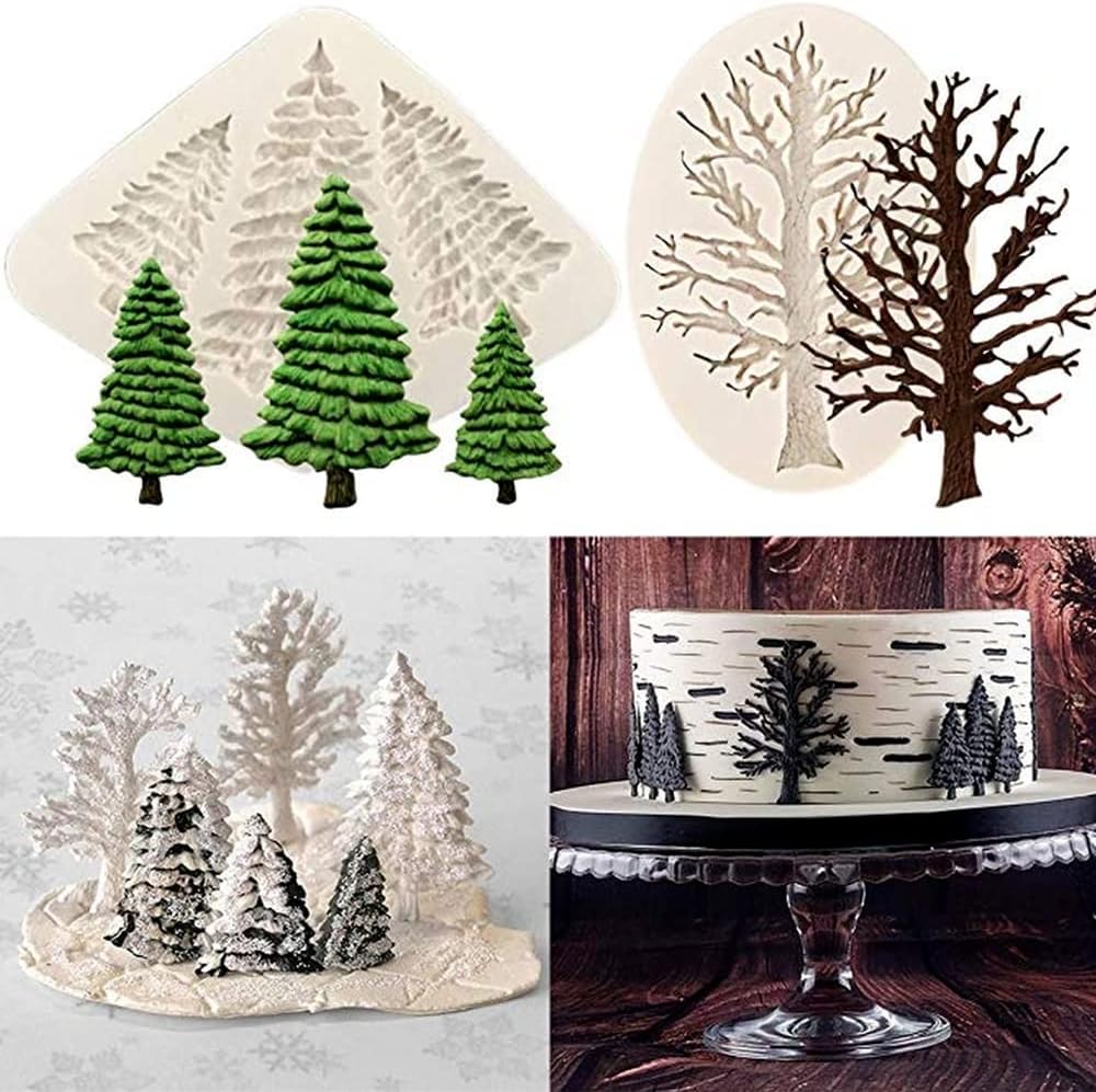 2 Pcs/Set Christmas Tree Fondant Cake Silicone Mold,Xmas Birthday Party DIY Cake Decorating for Chocolate,Fondant,Candy,Sugarcraft,Cupcake Topper,Pastry,Polymer Clay,Gumpaste,Baking