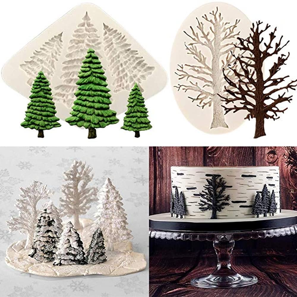 KUXSE 2 Pcs/Set Christmas Tree Fondant Cake Silicone Mold,Xmas Birthday Party DIY Cake Decorating for Chocolate,Fondant,Candy,Sugarcraft,Cupcake Topper,Pastry,Polymer Clay,Gumpaste,Baking