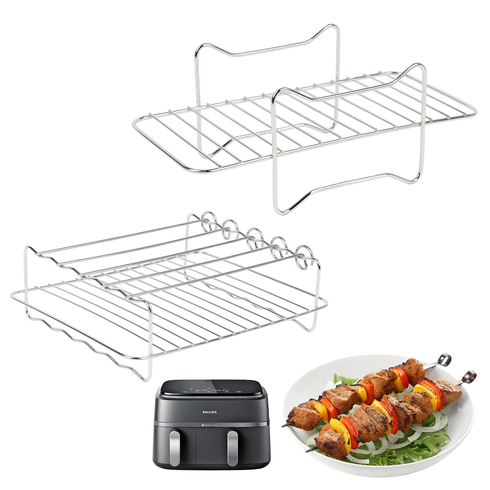 Air Fryer Racks with 5 Skewers, 304 Stainless Steel Air Fryer Accessories for Philips Dual Drawer 9L/6L/3L (3000 Series), Expand Cooking Capacity for Kabobs, Chicken, Veggies