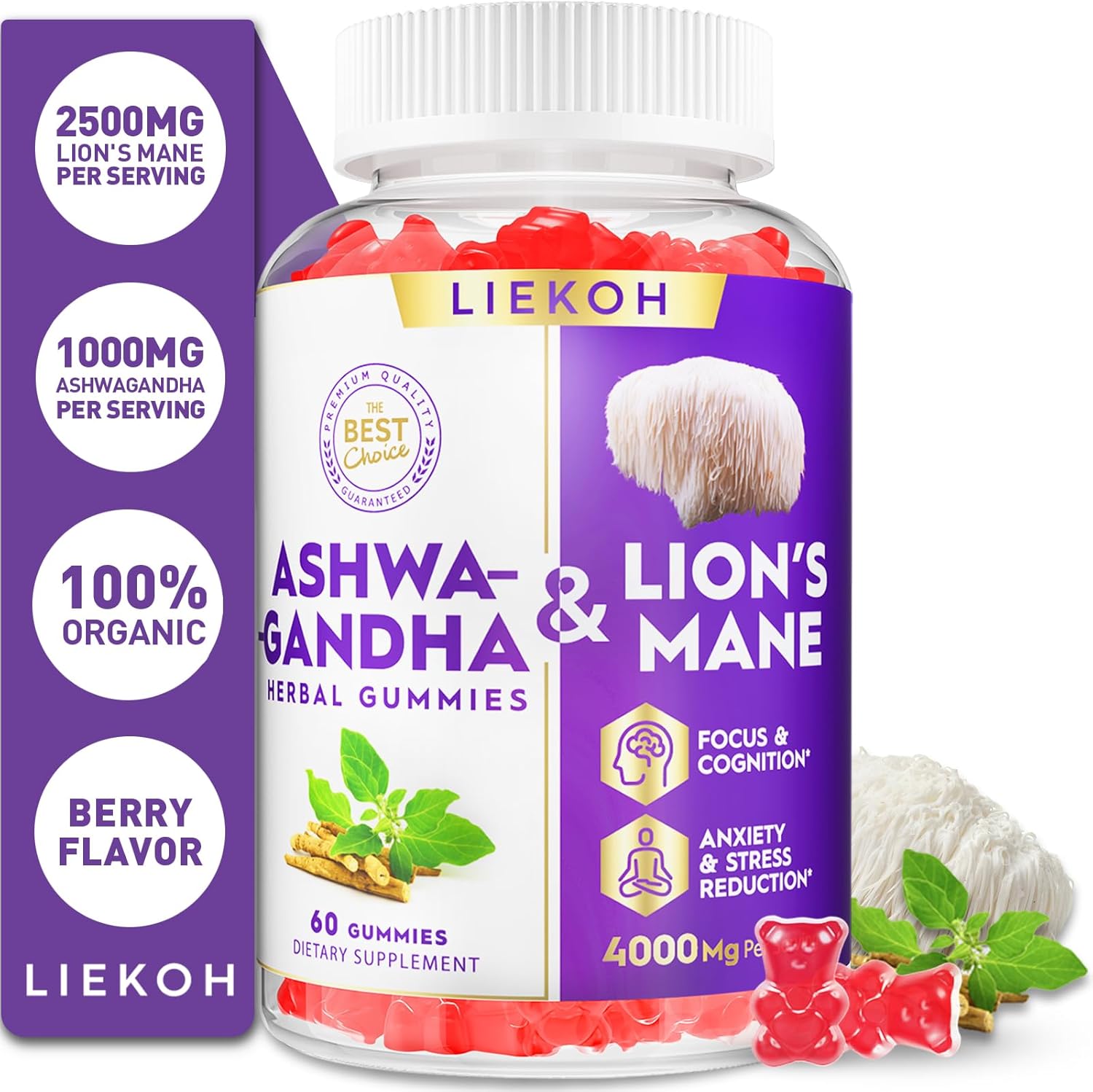Ashwagandha Gummies - Organic Ashwagandha & Lions Mane Gummies for Adults with 4 Adaptogenic Herb for Stress, Cognitive & Immune Support| Cortisol Supplements for Women & Men, Berry Flavor - 60 Counts