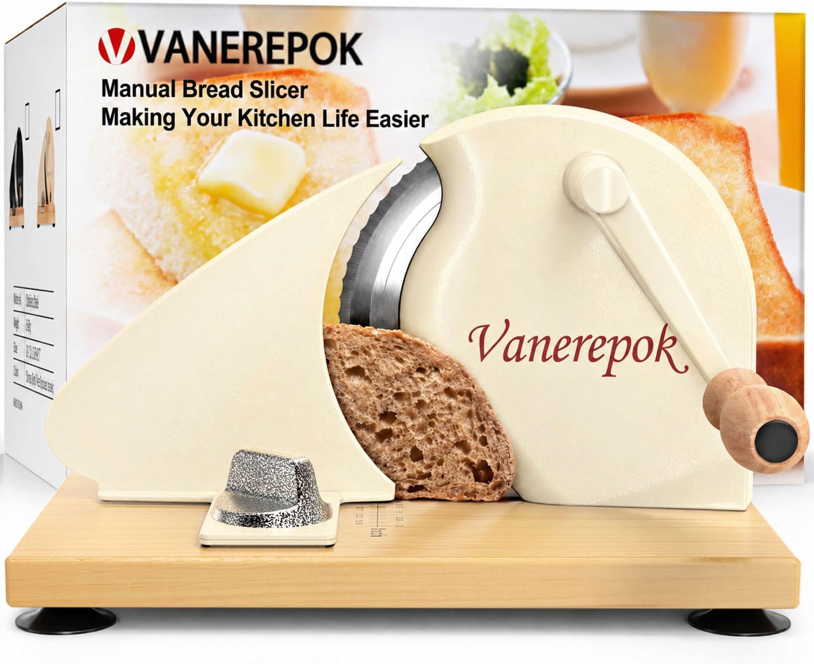 vanerepok Manual Bread Slicer for Homemade Sourdough Bread, Versatile Hand Crank, Bread Cutter for Sourdough, Crusty Bread etc, Stainless Steel Cutter, Adjustable Width for Homemade
