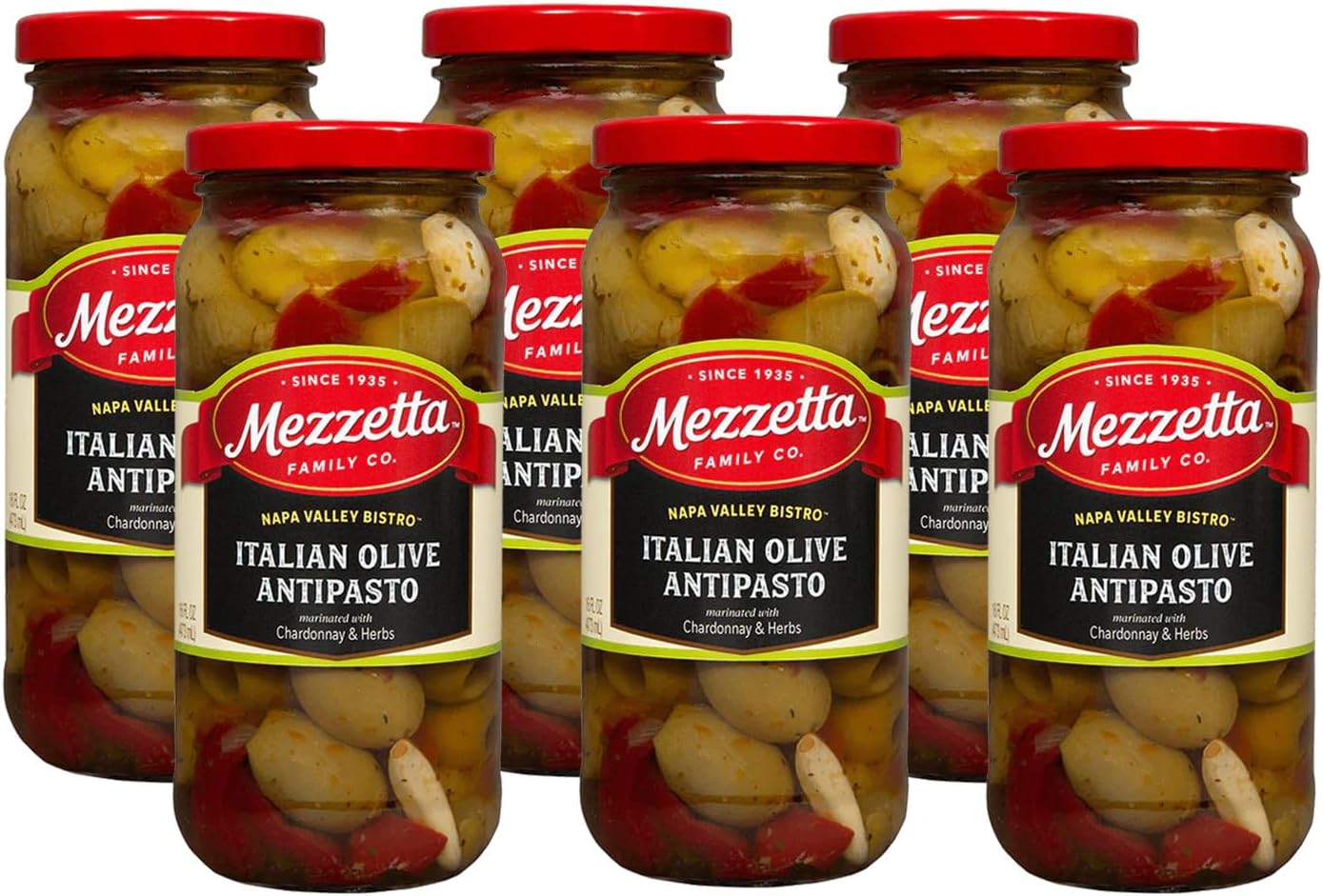 Napa Valley Bistro Italian Olive Antipasto - Green Olives, Peperoncini, Red Bell Peppers with Chardonnay & Herbs - Ideal for Party Appetizers & Salads - Gourmet Blend - 16 Oz Jar - Pack of 6