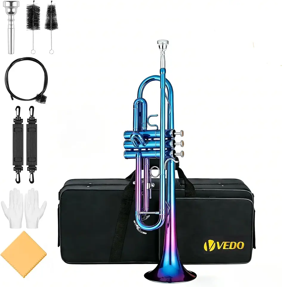 VEDO Conjunto Trompete Standard Bb Student, Trompete de metal Latão para estudantes com bocal rígido 7C e luvas, Bolsa, Adequado Para Iniciantes ou Estudantes Avançados, Orquestras (Azul vibrante)