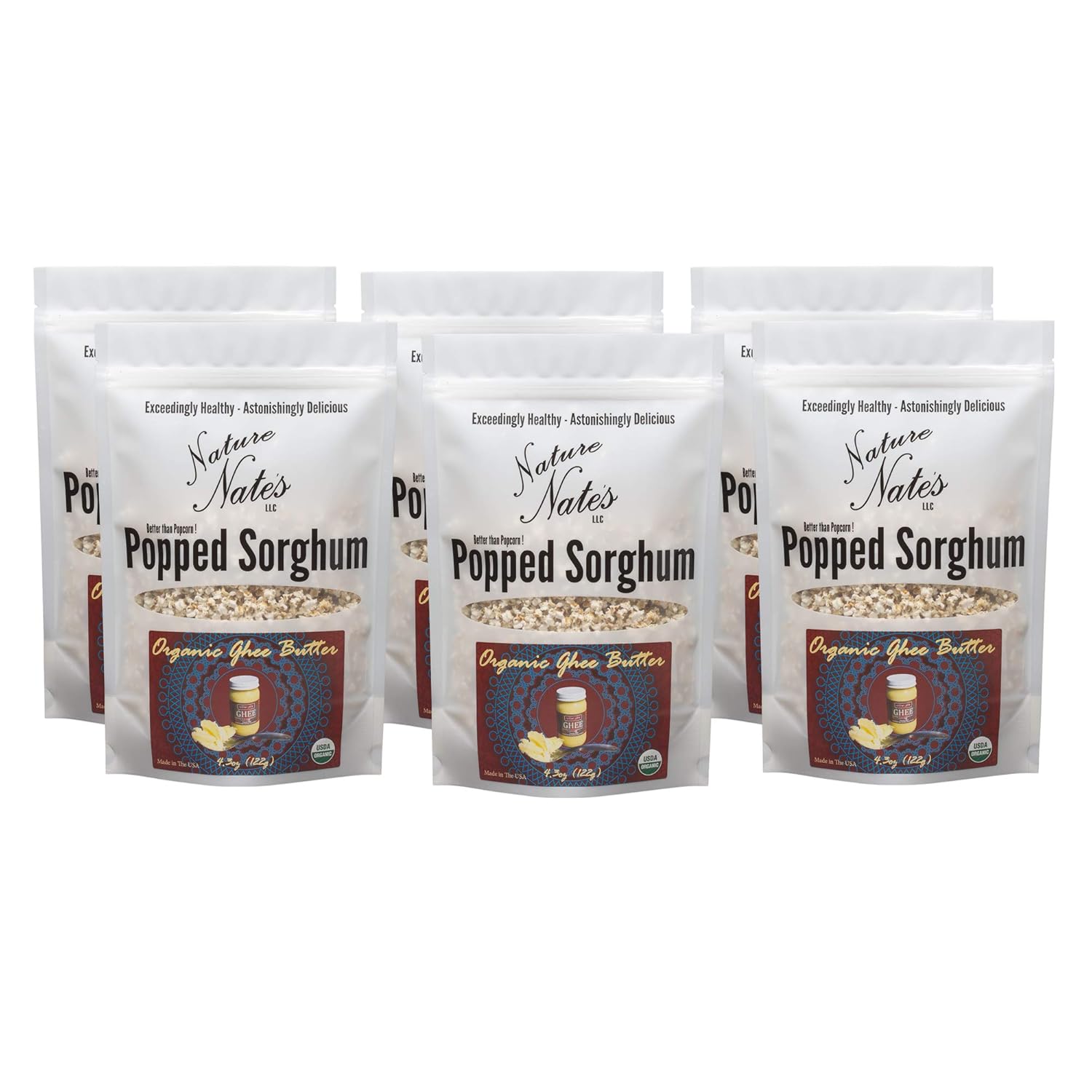 Nature Nate’s Popped Sorghum, Ghee Butter - Organic, Keto & Gluten Free, Healthy Snacks, Better Than Popcorn, Made in USA - 4.3 Ounce (Pack of 6)