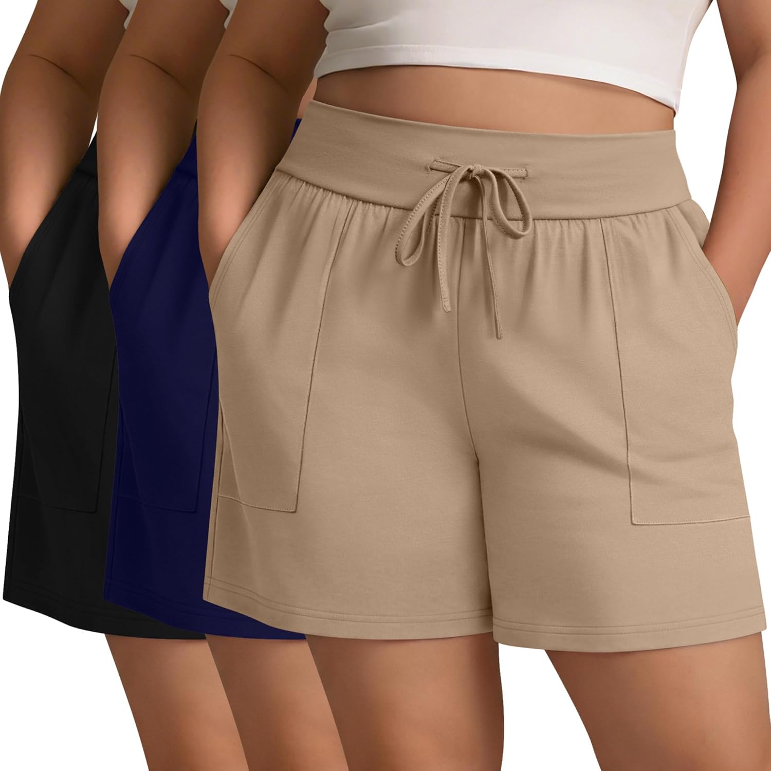 Evervibe 3 Pack Women's Plus Size Shorts, Drawstring Sweat Shorts Loose Lounge Running Athletic Shorts with Pockets