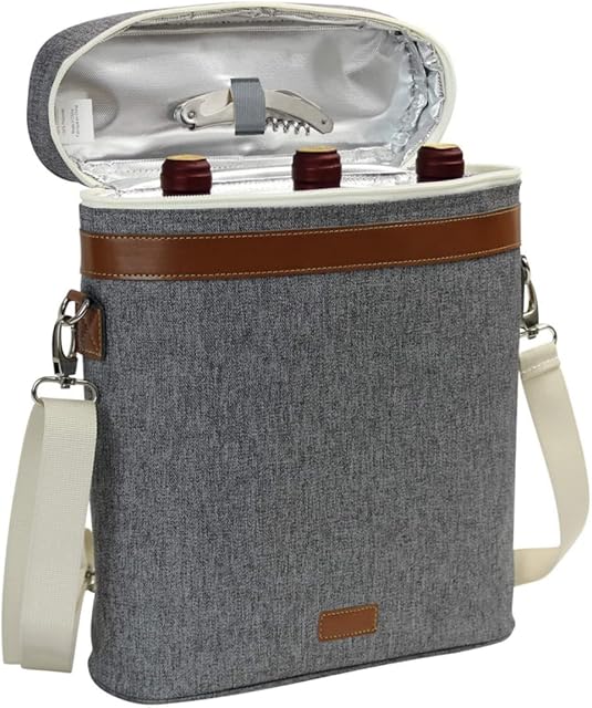 3 Bottle Insulated Wine Cooler Bag, Portable Wine Carrier with Shoulder Strap for Beach Travel Picnic, Unique Wine Carrier for Wine Lover Gifts, Grey