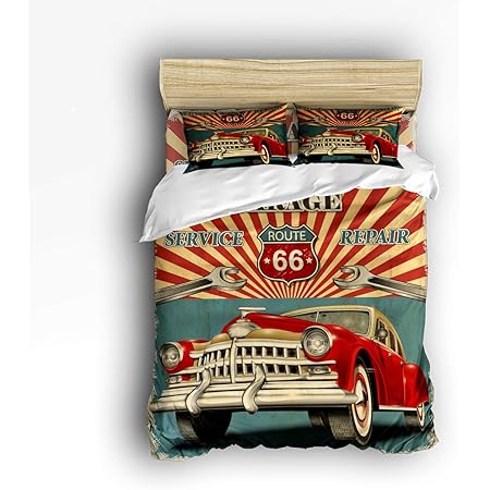 Amazon Com 100 Cotton Cars Bedding Set Vintage Car Themed Single Twin Size Quilt Duvet Cover Set With Fitted Sheet Beige Kids Bedroom 3 Pieces Home Kitchen