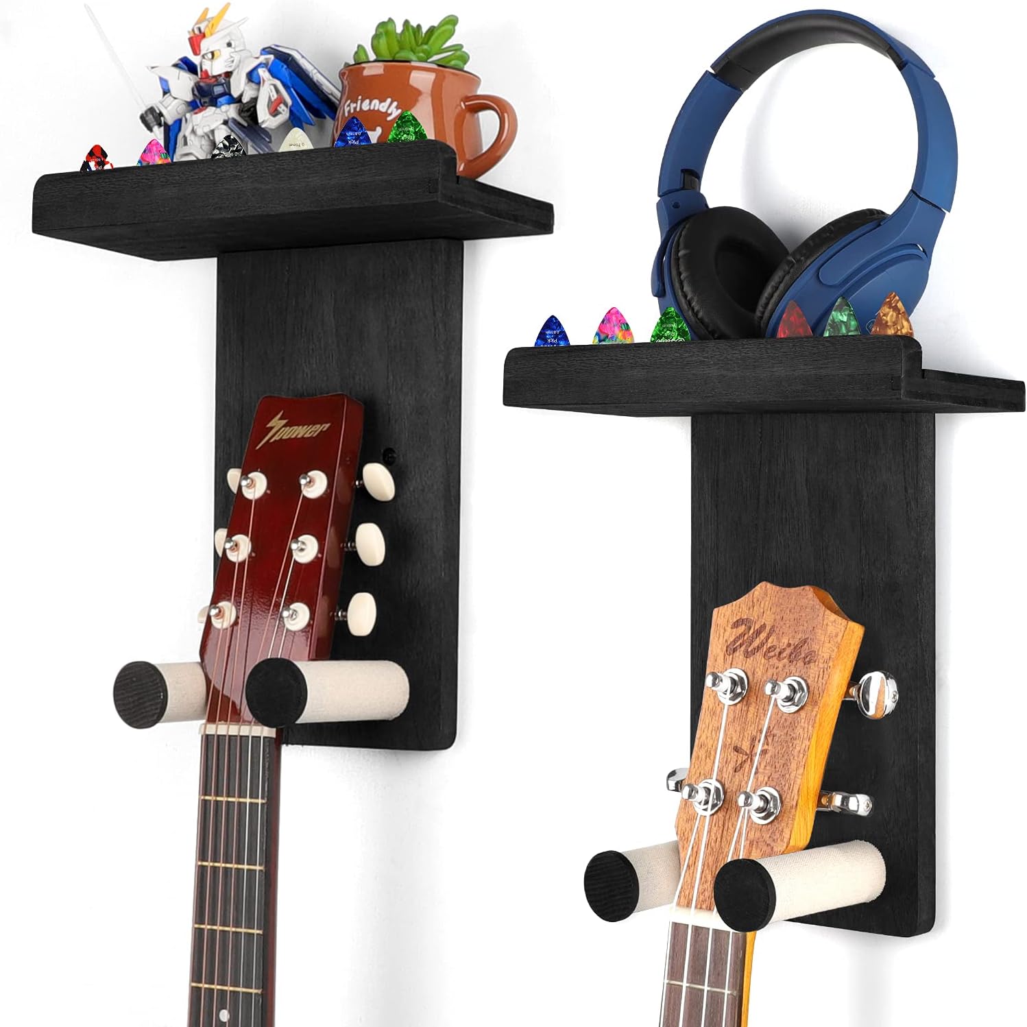 Keebofly Guitar Wall Hanger,2 Pack Guitar Wall Mount Holder Guitar Hanger Shelf with Pick Holder Wood Guitar Rack for Acoustic or Electric Guitar,Ukulele,Bass,Mandolin Black,[Patented]