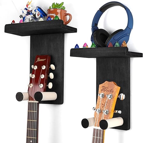 Miniatura 25 de Keebofly Soporte de pared para guitarra, paquete de 3, colgador de guitarra de madera rústica con soporte para púas para acústico, eléctrico, bajo