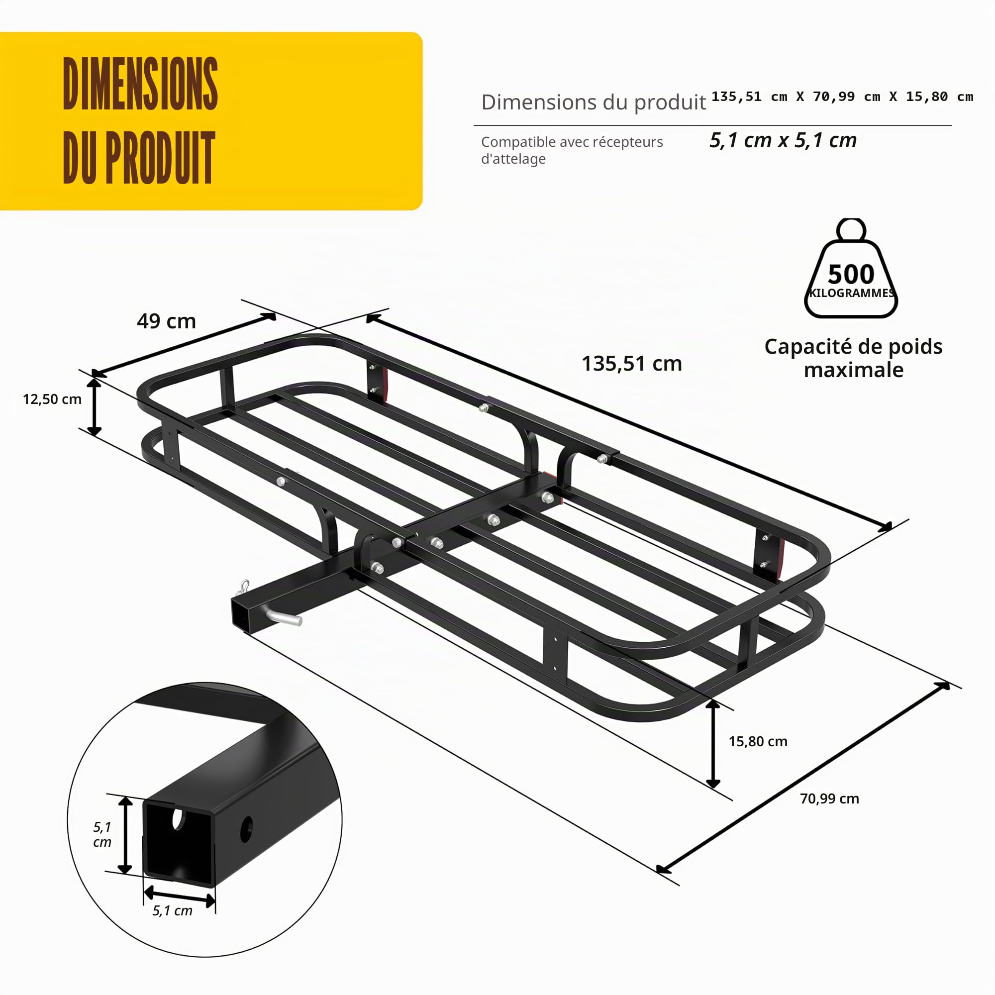 MAXXHAUL 70107 Porte-Bagages attelage en Acier avec Rails latéraux Hauts pour Camping-Car, camions, SUV, camionnettes, Voitures, capacité de Charge de 227 kg, 135 x 49 cm, Noir