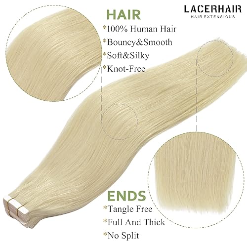 Miniatura 3 de Lacer Extensiones de cabello humano real con cinta en rubio platino, sin costuras, doble cara, lacio, natural, grueso, para mujeres, 18 pulgadas, 20