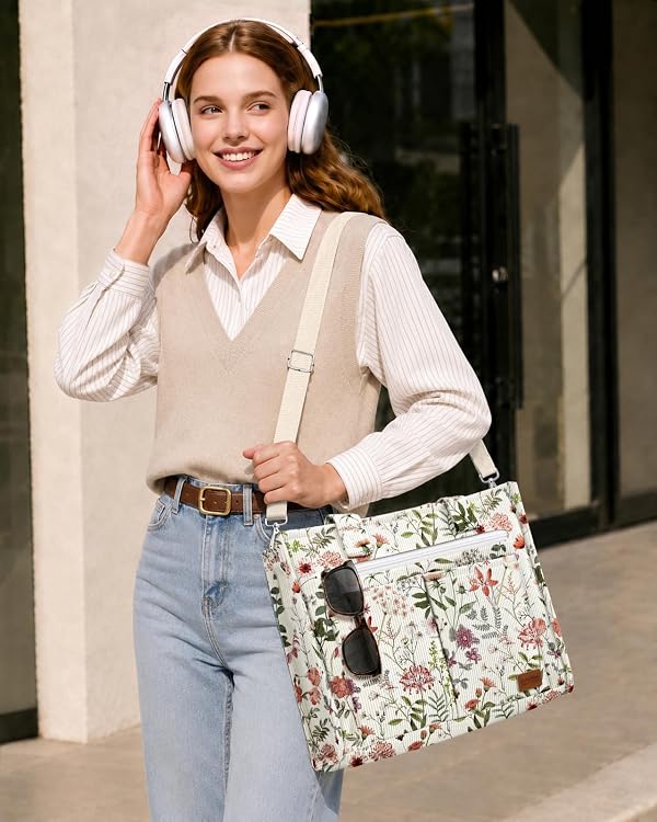 VelvetHue Structured Corduroy Tote Bag, Large Laptop Bag, Pink Flower by VelvetHue - Used condition - Image 2