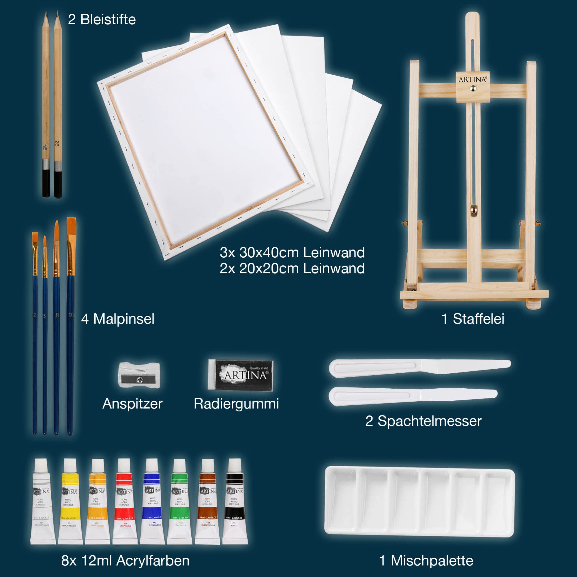 Artina 25tlg Premium Malset mit Tischstaffelei – 8x12ml Acrylfarben Set, 5x Keilrahmen, Pinsel – Malutensilien Malkoffer für Kinder & Erwachsene – Künstler Set FSC® Holz Staffelei zum Malen – Lisbon