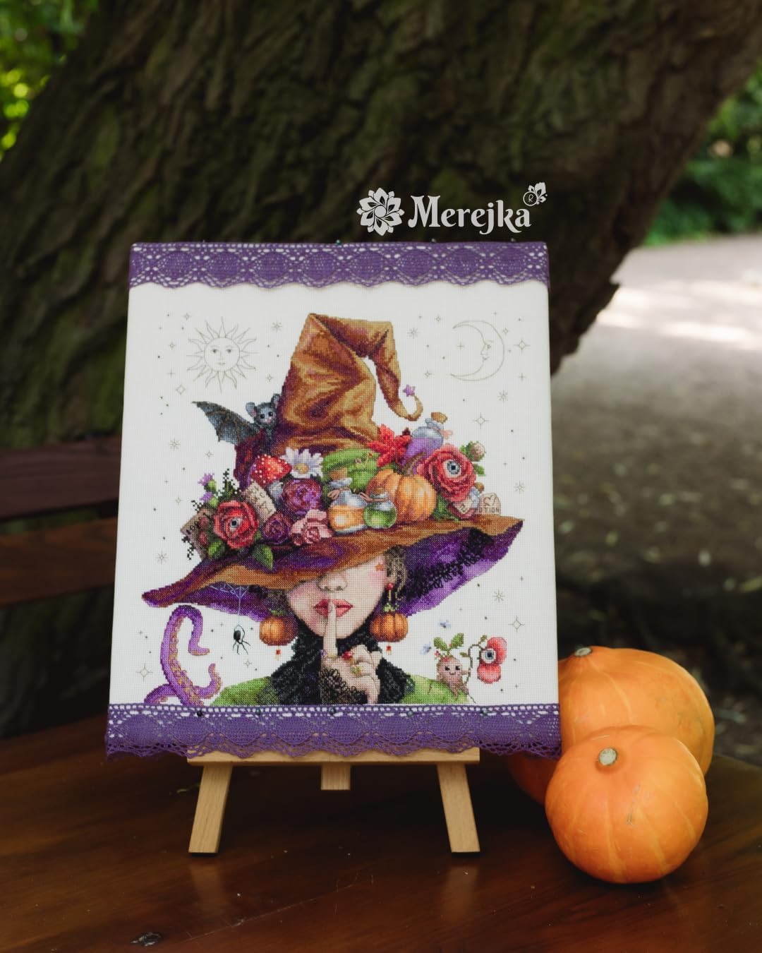 Merejka "Hush! It's Magic Counted Cross Stitch Kit K-303 — Halloween Witch Design for Adults, Zweigart 16-Count Aida & 40 DMC Threads, Fantastitch Digital Pattern, Finished 11.8 x 11.8 in