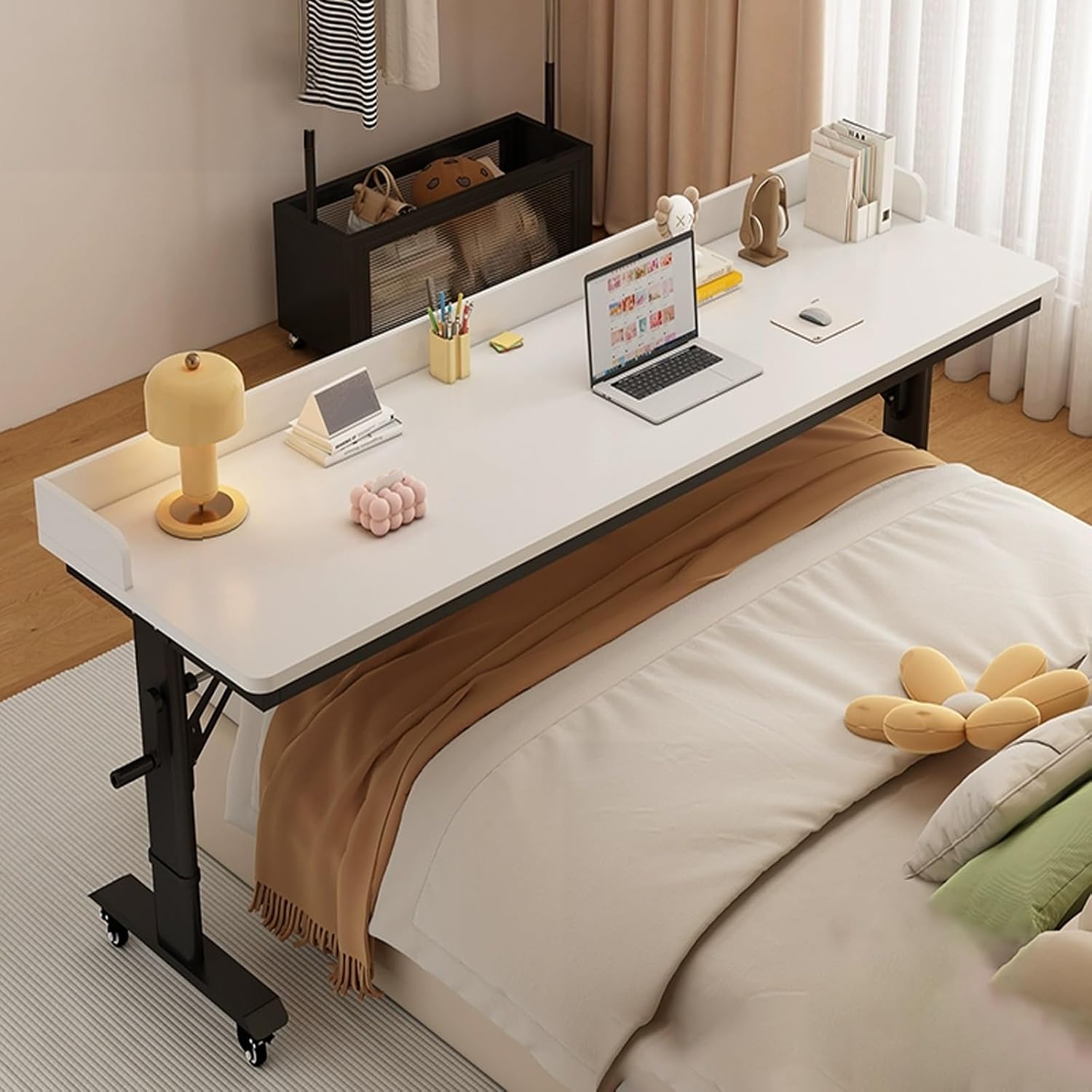 Adjustable Height Over the Bed Working Table, Mobile overbed Table with Baffles, Bedroom Bed Desk for laptope, Home overbed Table with Wheels, Hospital Rolling Table.