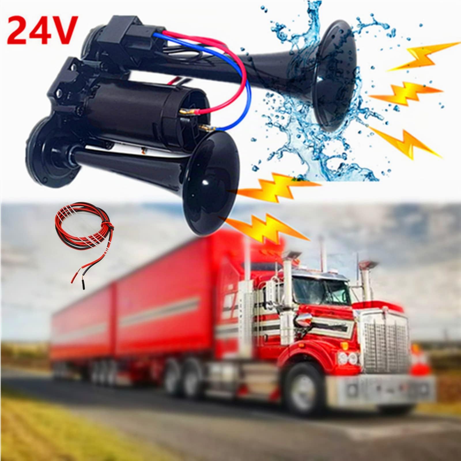 Klaxon de voiture Klaxon électrique de voiture Klaxon à air 165db Car Horn Trompettes Haut et Bas Noir 24V Klaxon de camion double tube Air Horn pour 24V Voiture camion bateau bateau ect
