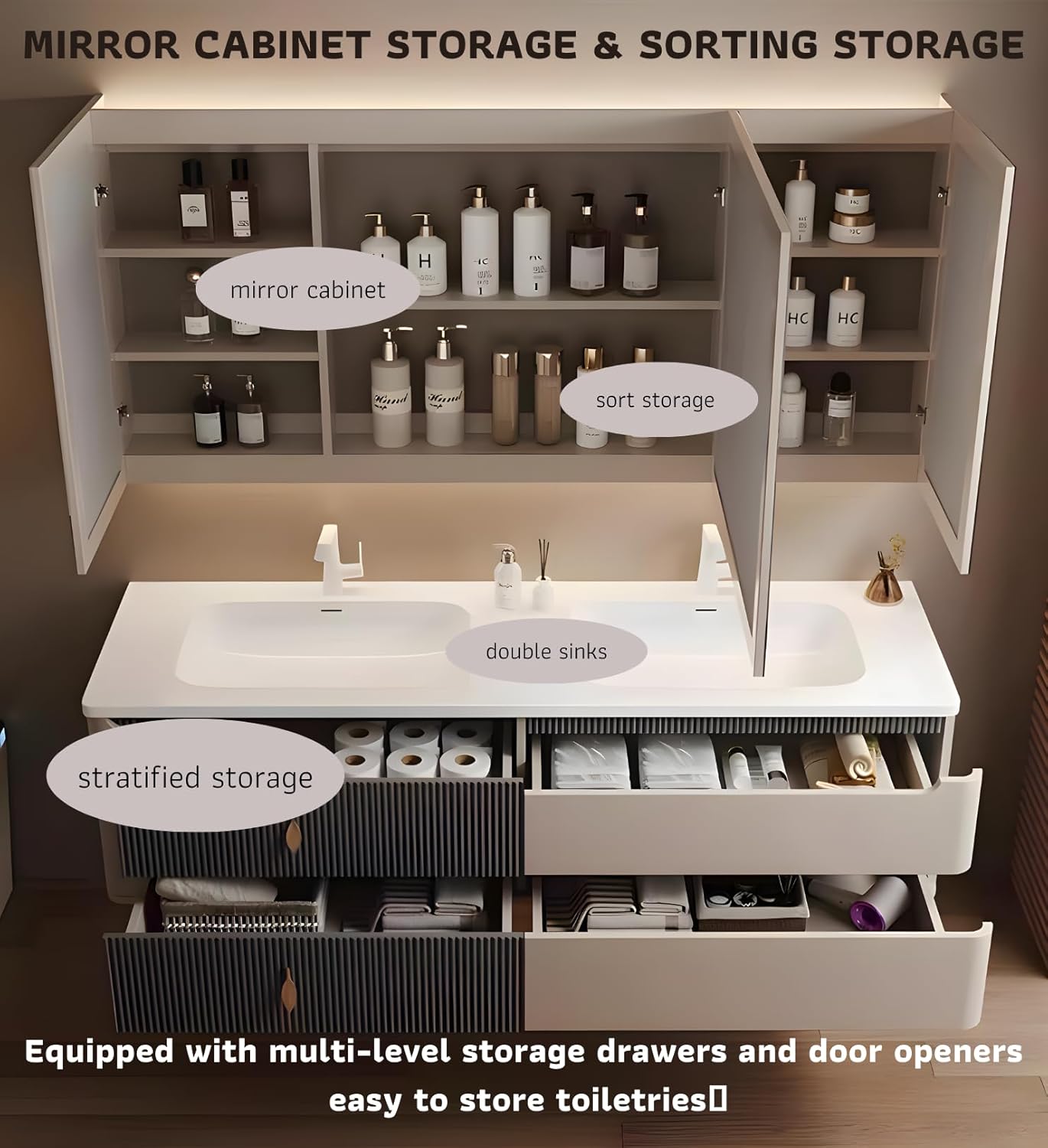 Double Sink Bathroom Vanity, 64" Bathroom Vanity Wall Mount, Elegant Bathroom Vanity Set Includes Anti-Fog Mirror Cabinet and Undersink Cabinet, Solid Wood Floating Vanities Furniture for Bathroom