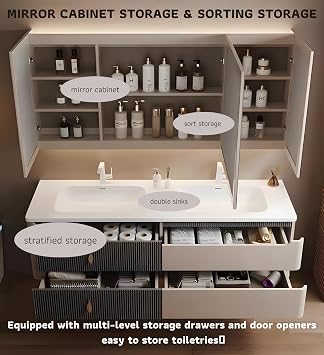 Double Sink Bathroom Vanity, 88 Bathroom Vanity Wall Mount, Elegant Bathroom Vanity Set Includes Anti-Fog Mirror Cabinet and Undersink Cabinet, Solid Wood Floating Vanities Furniture for Bathroom