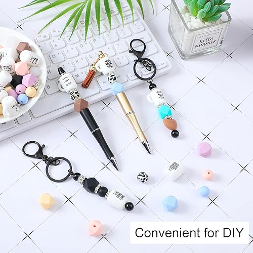 Miniatura 6 de Hotop Juego de 100 cuentas de silicona y cuentas espaciadoras, 60 piezas de estampado de vaca de leopardo, cuentas focales de silicona poligonal,