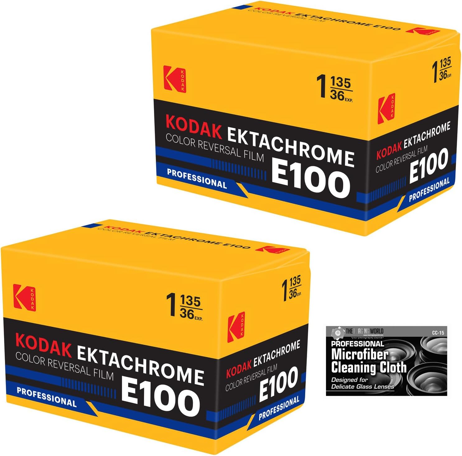 Kodak Professional Ektachrome E100 Color Transparency Film (35mm Roll Film, 36 Exposures, Retro Packaging) - 2-Pack with Microfiber Cleaning Cloth