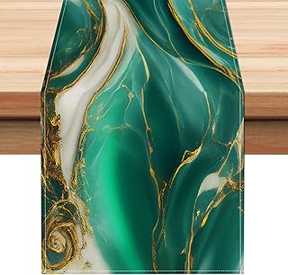 Emerald Green Marble Table Runner 13x72 Inch Modern Abstract Painting Art Kitchen Dinning Table Decoration for Indoor Outdoor Home Party Décor