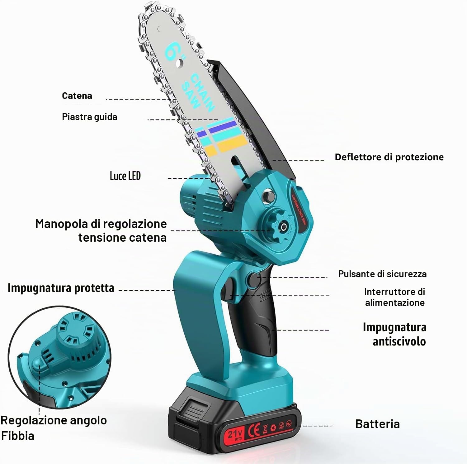 Mini Motosega a Batteria 6000mAh, 6 Pollici Motosega Elettrica con 2 Batterie, 2 Catene e Blocco di sicurezza per il Taglio Del Legno e Giardini