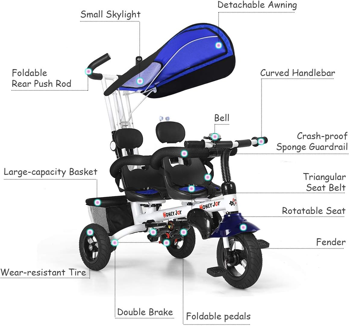 HONEY JOY Kids Tricycle, Twins Baby Trike w/Removable Canopy &Guardrail, Adjustable Parent Push Handle, Double Brake Rear Wheels, Retractable Foot Pedal,Foldable Steer Stroller Bike for Girl Boy(Blue) : Sports & Outdoors