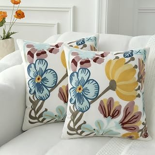 18x18 Embroidered Throw Pillow Covers Set – White Pumpkin Blossom Cotton Decorative Cushion Covers with Hidden Zipper, Farmhouse Boho Sofa Couch Bedroom Outdoor Décor (2 Pack)