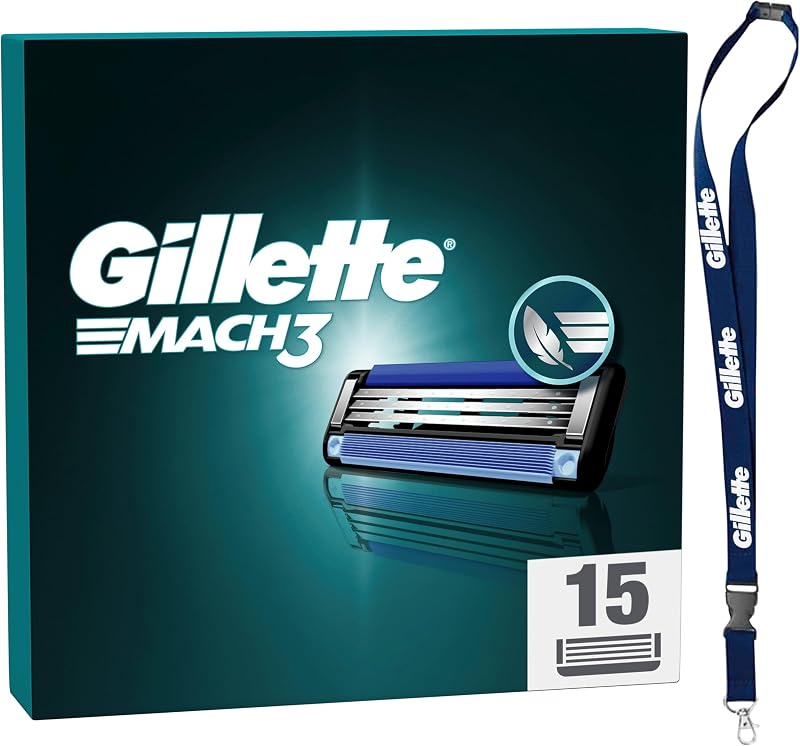 Gillette Pack of 15 Genuine Mach 3 Men's Razor Blade Refills, Pack of Cartridges with Key Ring, Replacement Head with 3 Sharp Blades and Lubricating Strip for Comfortable Shaving