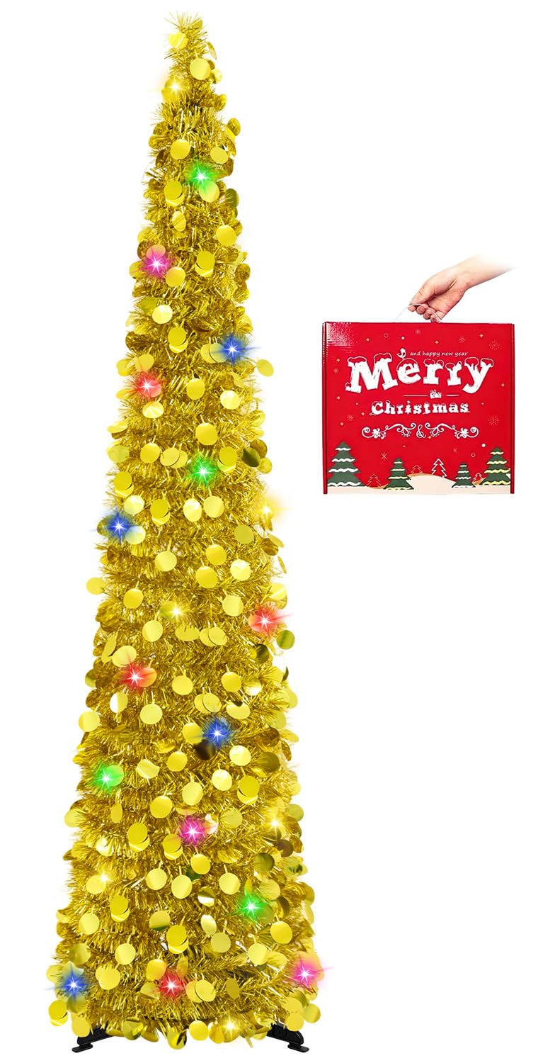 MACTING Pop Up Christmas Tree with 50 LED Lights Timer 5FT Gold Collapsible Tinsel Pencil Tree Easy-Assembly Coastal Glitter Artificial Tree for Porch Apartment Corner Home Party Xmas Decorations