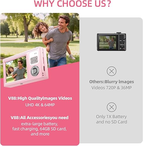 Miniatura 6 de Cámara digital, cámara 4K de 64MP para niños con pantalla IPS de 2.8", tarjeta SD de 64GB y zoom digital 16X anti-sacudida, cámara compacta de