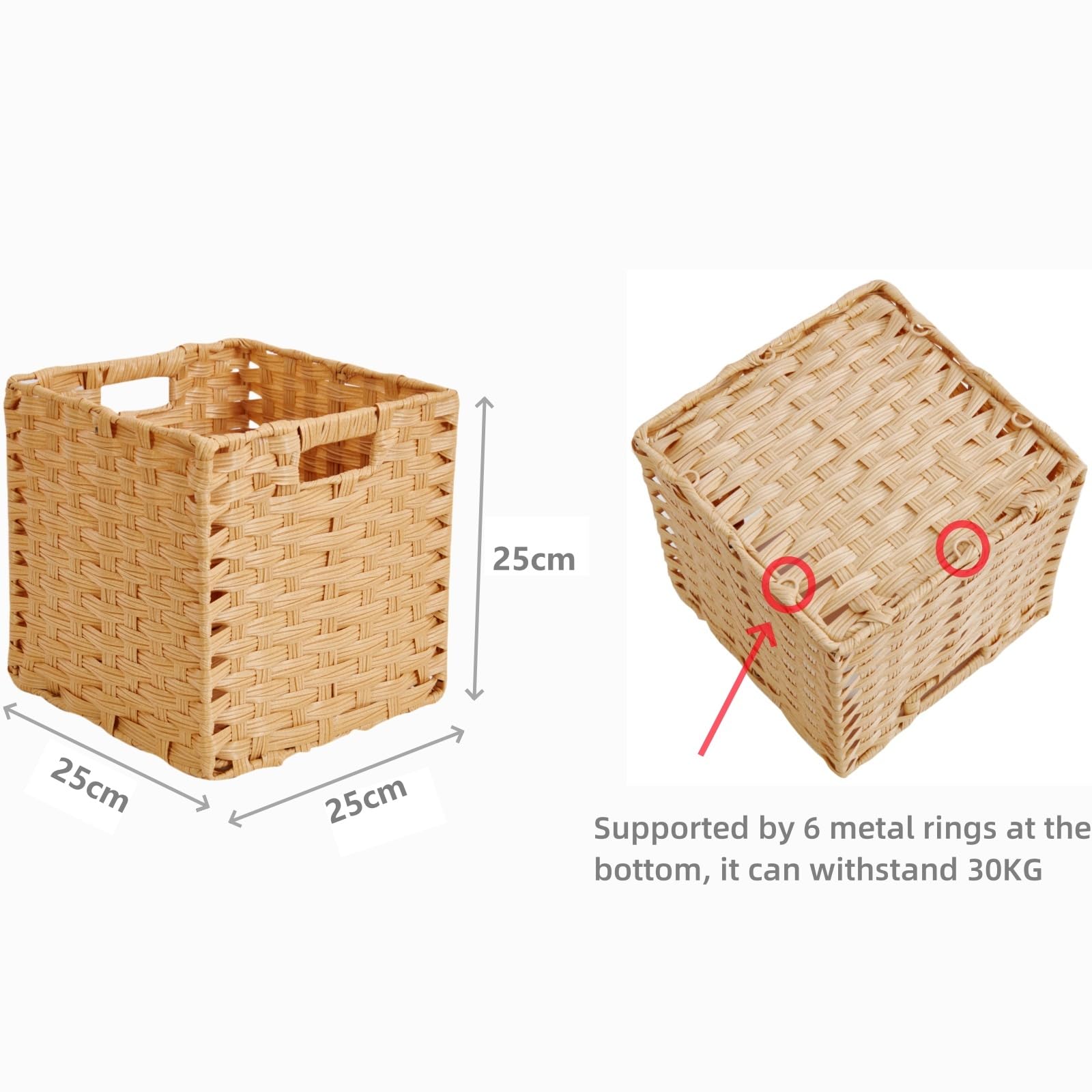 Caja de almacenamiento en forma de cubo, 25 x 25 x 25 cm, cesta de almacenamiento de ratán sintético para juguetes, ropa, estantes, guarderías, armarios, impermeables, no mohosas (beige