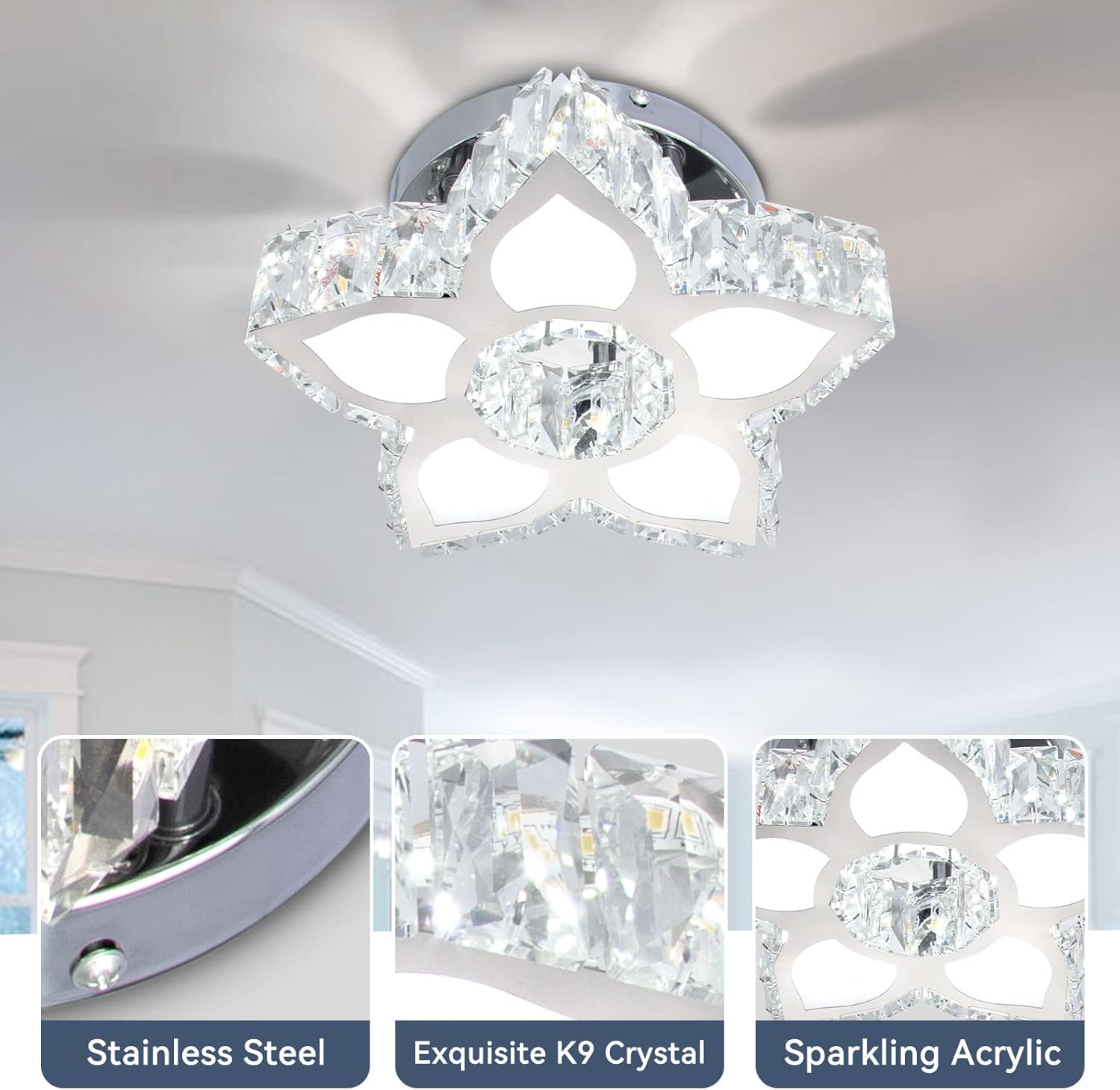 FRIXCHUR Crystal Ceiling Light Modern Mini Chandelier Flower LED Flush Mount Ceiling Light Fixture for Dining Room Bedroom Living Room Small Room (Cool White)