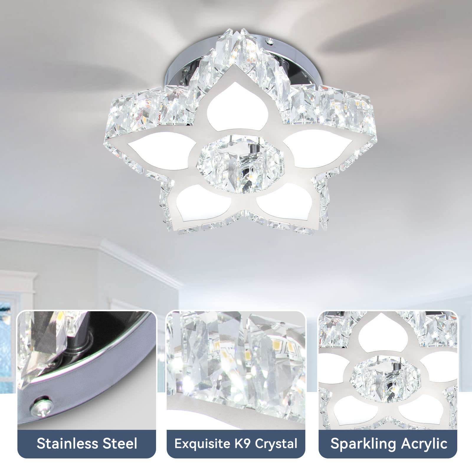 FRIXCHUR Modern Chandelier Light LED Crystal Chandeliers Flower Shape LED Crystal Ceiling Light for Living Room Bedroom Dining Room Small Room (Cool White)