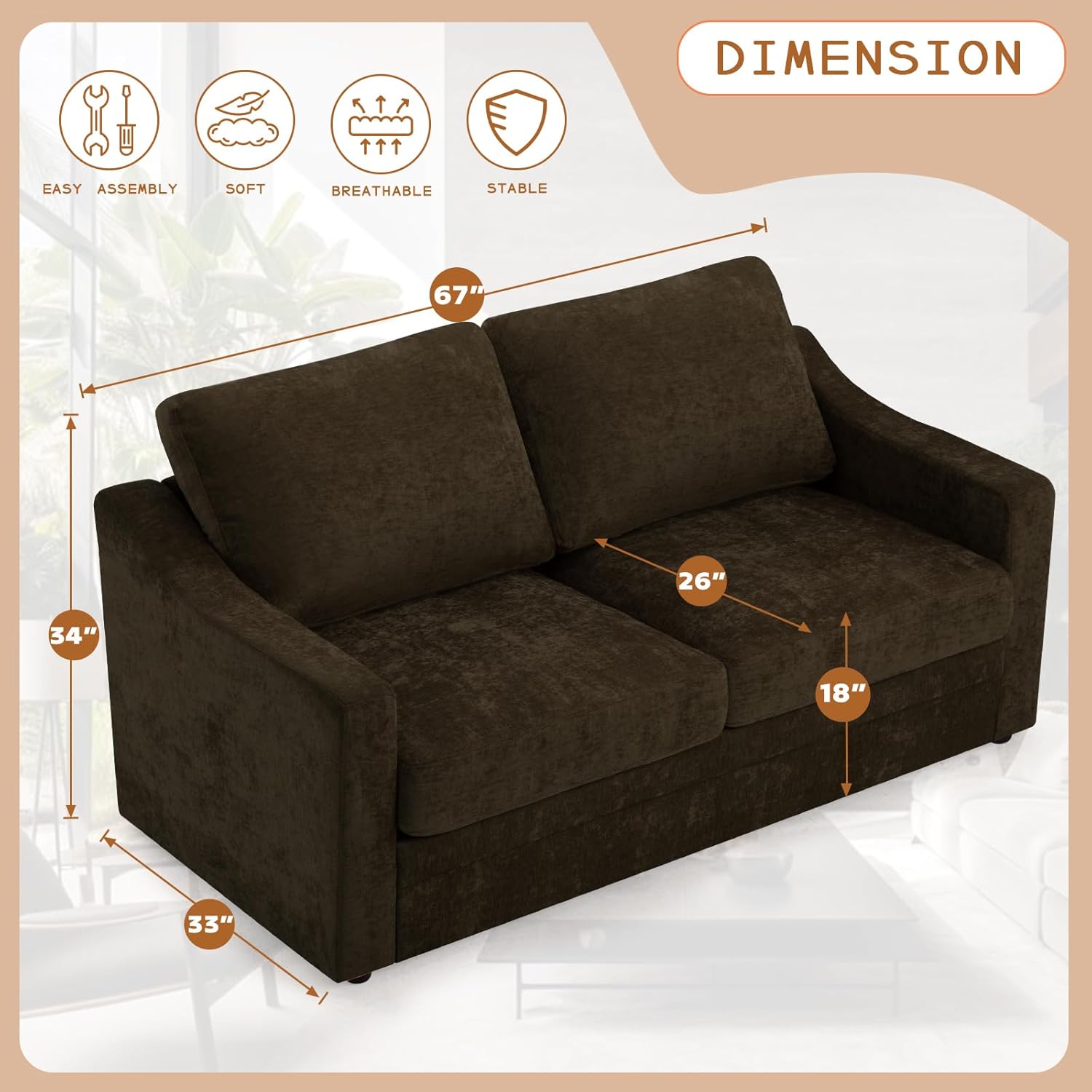 67” Chenille Loveseat Sofa w/Comfortable Back Cushions & Curved Armrests, Modern 2-Seat Couch w/Deep Seat Space, Upholstered 2 Seater Sofa w/High Resiliency Foam for Living Room, Brown