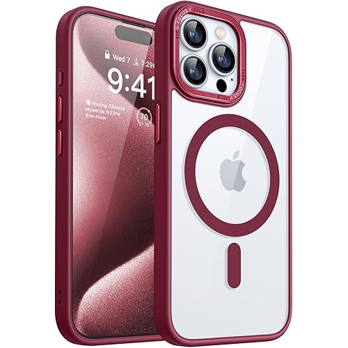 CANSHN Clear Magnetic Compatible with iPhone 15 Pro Max Case [Compatible with Magsafe] Slim Thin Shockproof Protective Bumper Cover Phone Case 6.7 Inches - Wine Red
