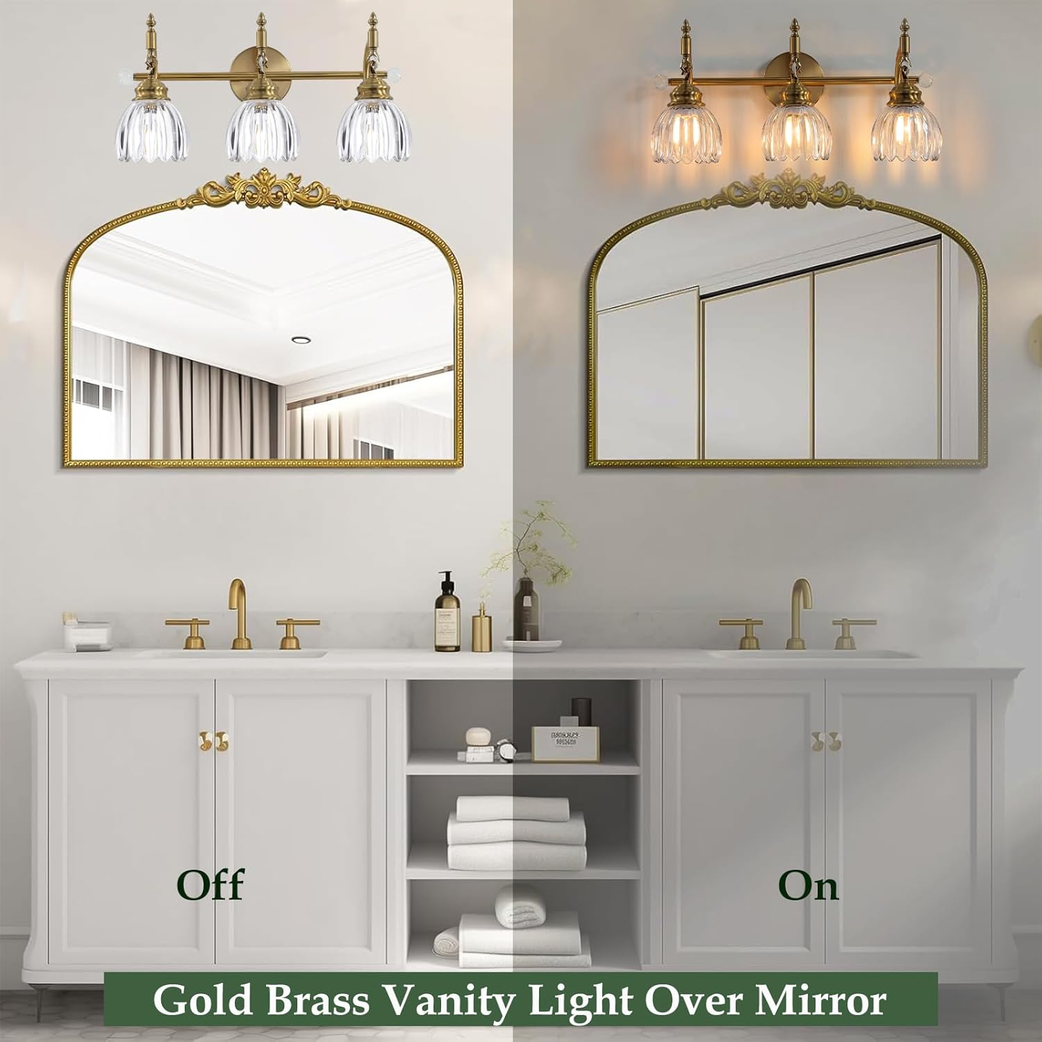 3 Light Vintage Vanity Light,Gold Brass Bathroom Light Fixture with Flower Clear Glass Shades,Bathroom Wall Light Over Mirror,E26 Base,Bulbs NOT Included