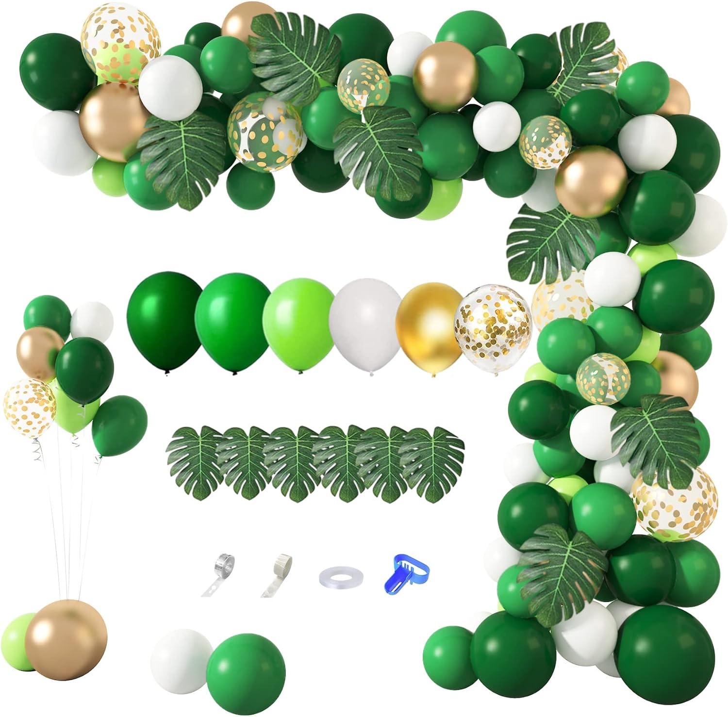 Amandir 140Pcs Jungle Party Balloons Garland Arch Kit, Gold Green Balloons Dinosaur Party Decoration with Palm Leaves for Safari Animal Wild One Birthday Baby Shower Decoration Party Supplies
