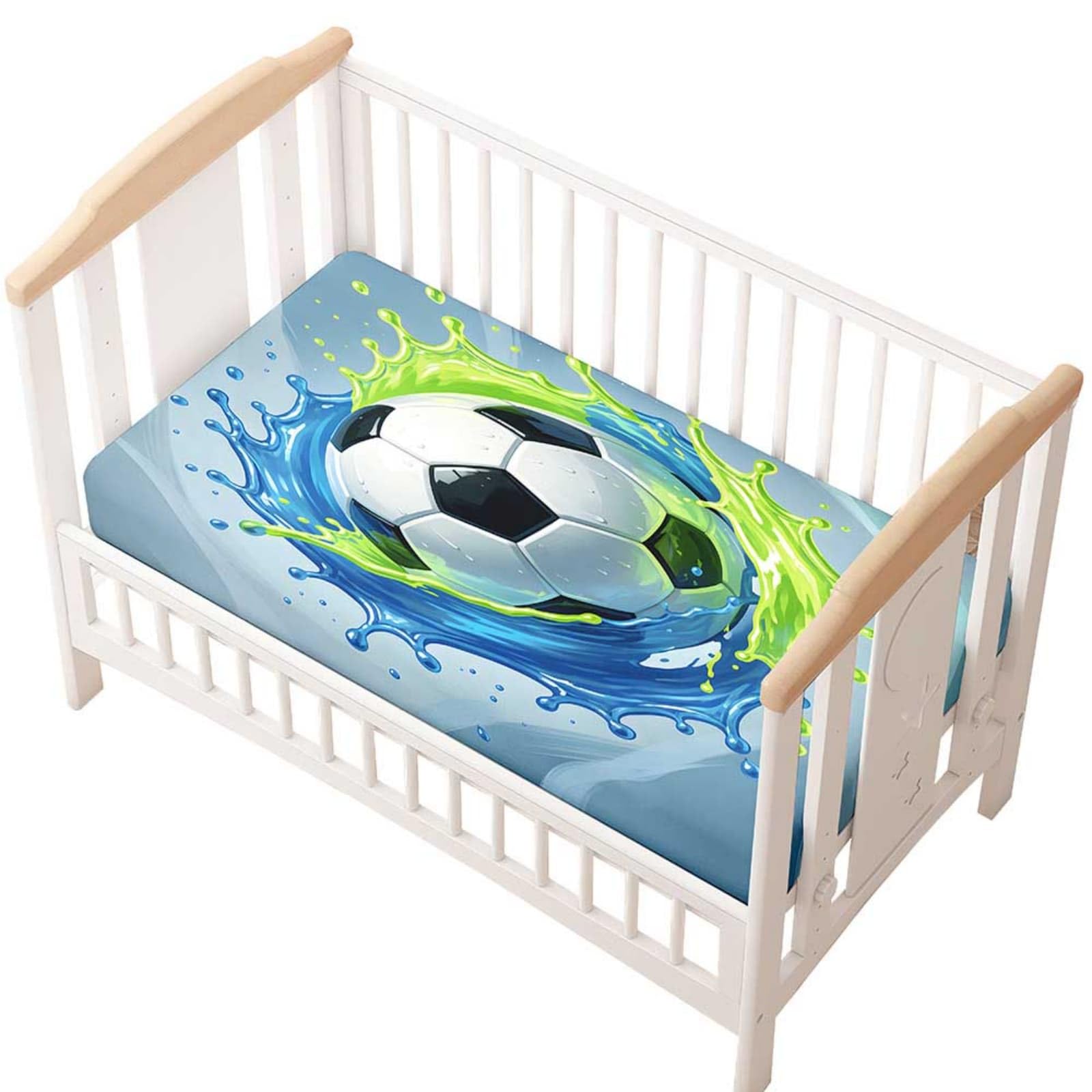 Odot Cot Bed Fitted Sheet, Moses Basket Fitted Sheet 3D Football Pattern Soft Microfibre Crib Bedsheets Bassinet Bedsheet Mattress Protector for Kids Boy Girl (Green + Blue,95x65cm)