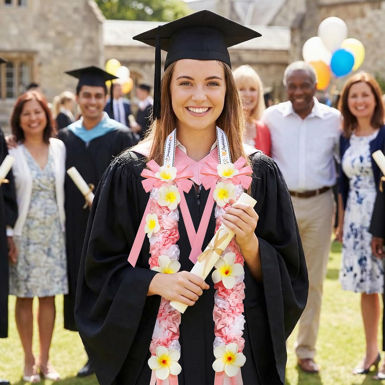 Condition photo showing New/Like New for suncalla plumeria graduation lei 2026 pink white hawaiian ribbon graduation braided lei with flowers for adults class of 2026 school college student congrats grad gifts party accessories pink, white