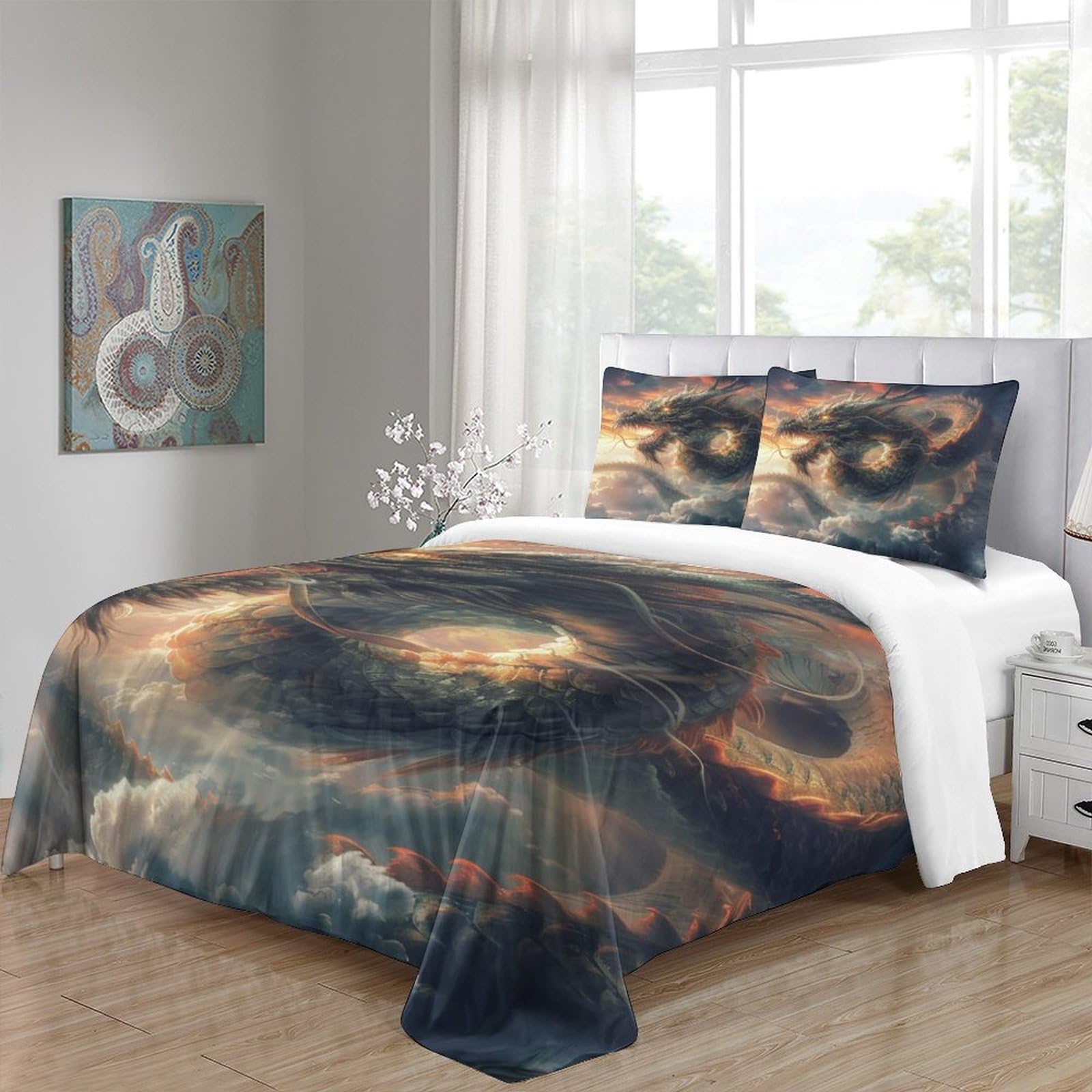 Stampato in 3D Loong cinese Copertina Stampata Microfibra Disegnata Biancheria Da Letto Ipoallergenico Set 3 Pezzi,Double（200x200cm）, Per Adolescenti E Adulti