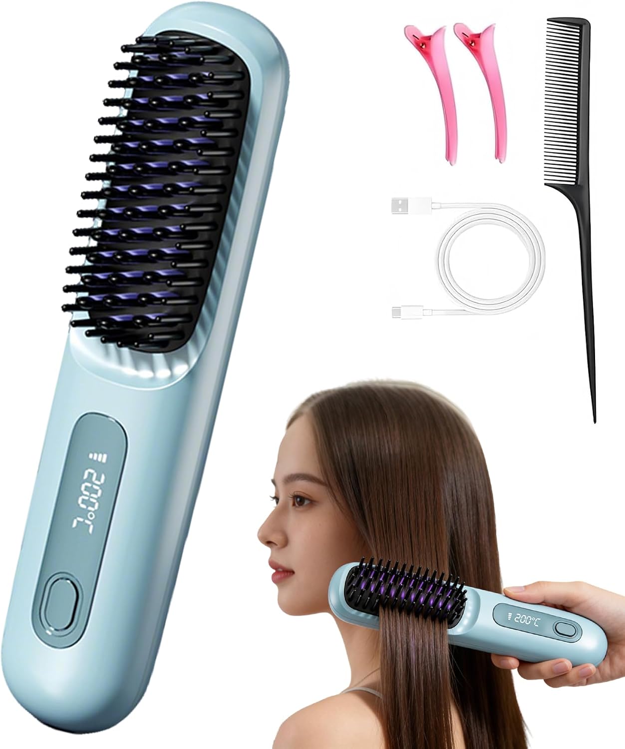 Go Brush Pro 2026 for Short Hair, Mini Hair Straightener Brush Cordless,Travel Straightener Brush with LCD Temperature Display, Fast Heating Styling Tool, Go Brush Pro Mini Hair Straightener for Women