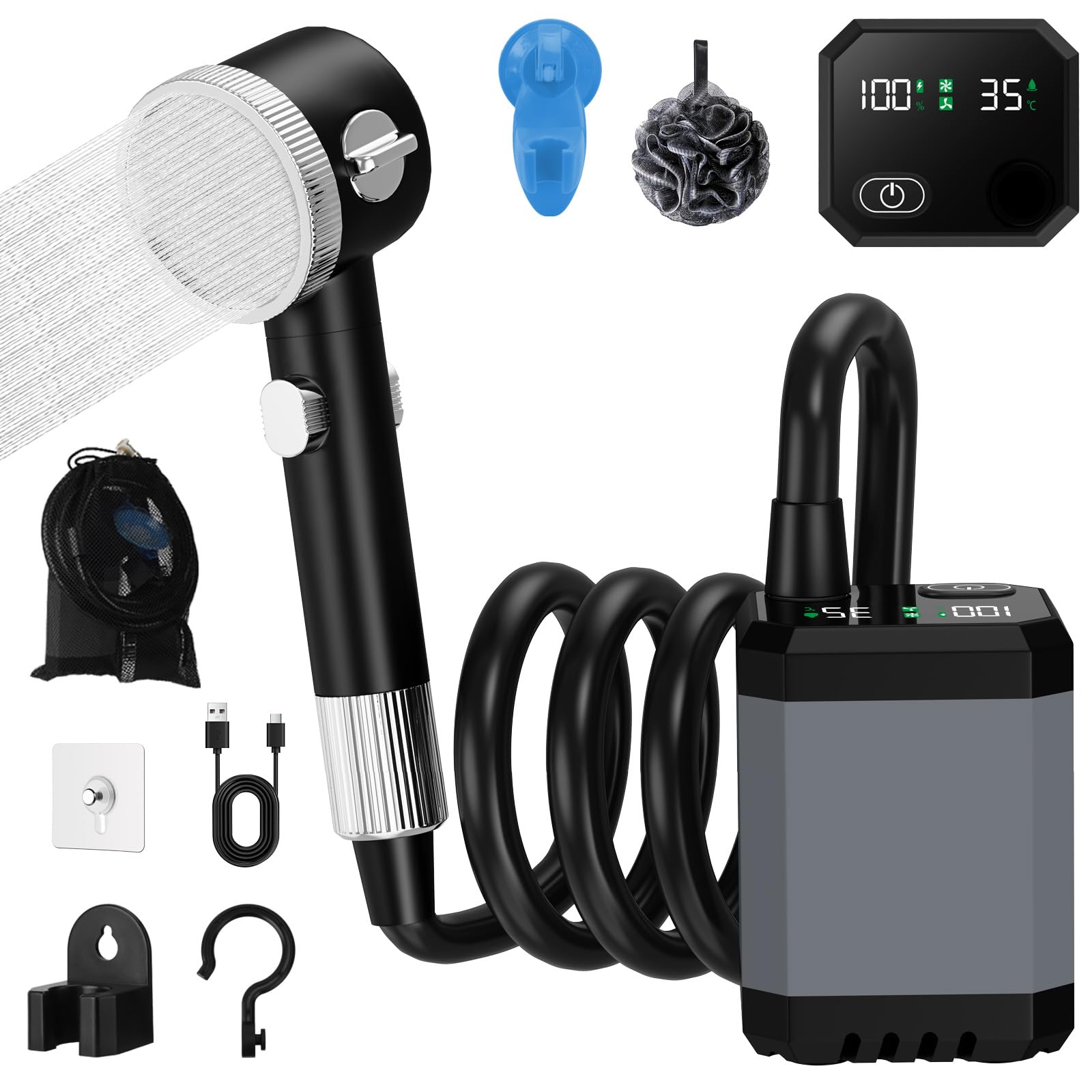 Douche de Camping, 6000mAh Pompe Douche Camping avec Affichage LED de la Température/Pression d'eau Réglable - IPX7 Étanche, Douche Portable Camping pour Camping/Lavage de Voiture, Douchette Camping
